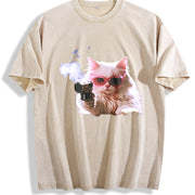 1pcscute Cat T-shirtmen's Vintage Washed T-Shirt in Beige