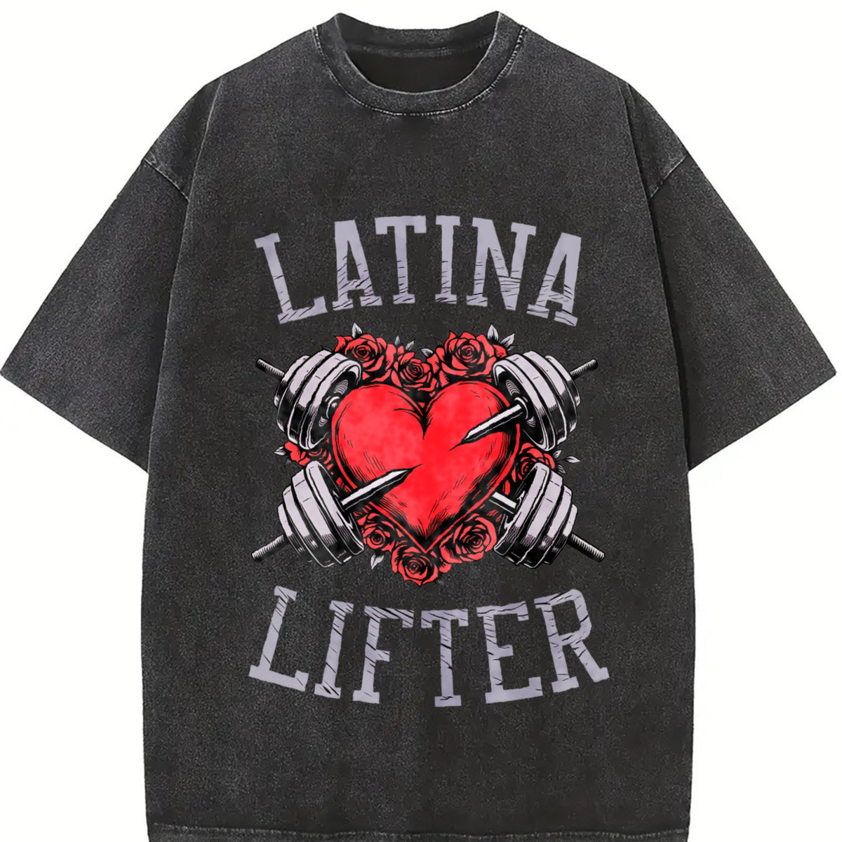Latina Lifter Spanish Gym Barbell Heart Hispanic Fitness Vintage Washed T-Shirt in Black