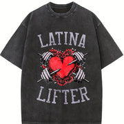 Latina Lifter Spanish Gym Barbell Heart Hispanic Fitness Vintage Washed T-Shirt in Black