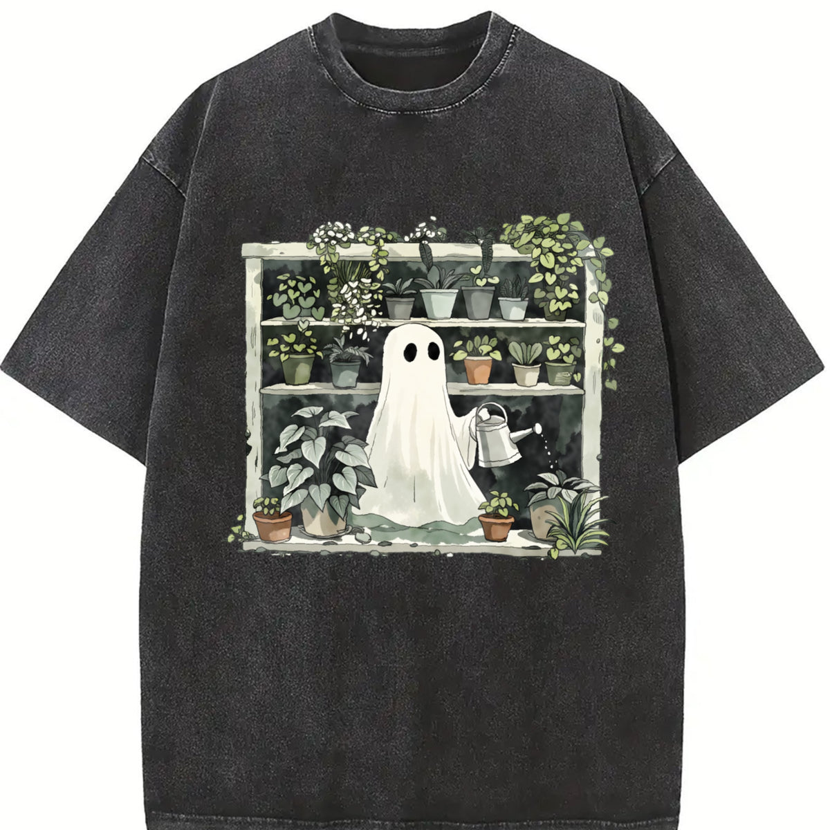 Plant Ghost Halloween Plant Vintage Washed T-Shirt in Black