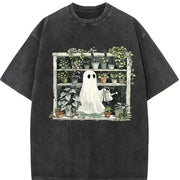 Plant Ghost Halloween Plant Vintage Washed T-Shirt in Black