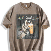 Raccoon Drinking Iced Coffee vintage washed oversized T-shirt in Brown