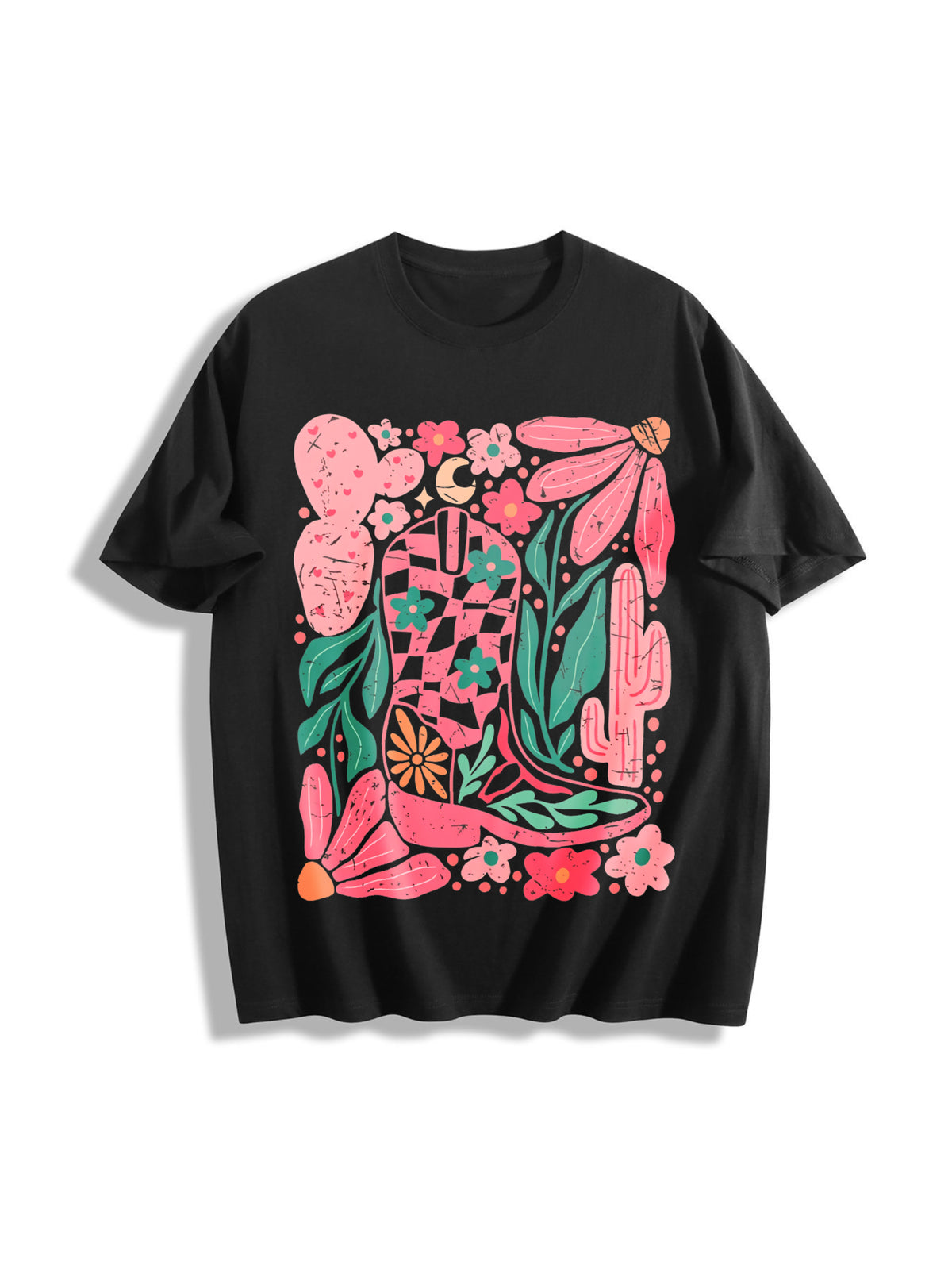 Boho Floral Cowboy Boots Cotton T-Shirt in Black