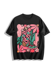 Boho Floral Cowboy Boots Cotton T-Shirt in Black