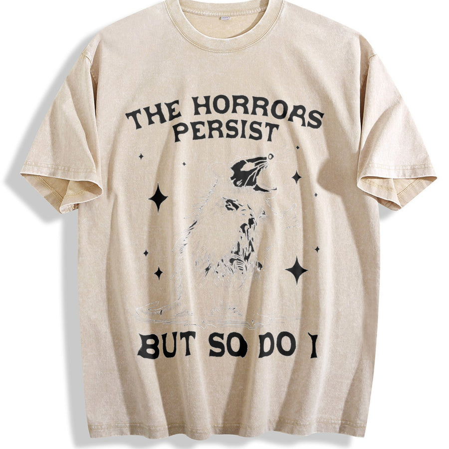 The Horrors Persist But So Do I Opossum vintage washed oversized T-shirt in Beige