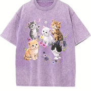 Cute Kitten Floral vintage washed oversized T-shirt in Purple
