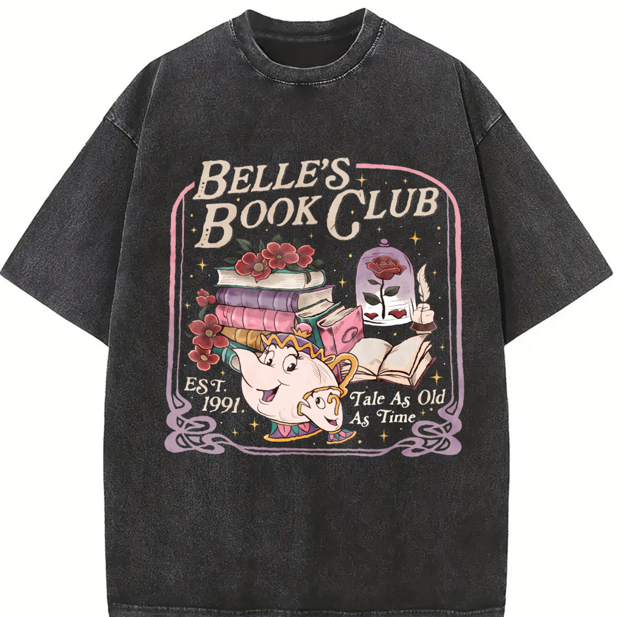 Belle's Book Club Book Cafe vintage washed oversized T-shirt in Black