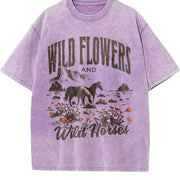 Wild Horses & Wildflowers Vintage Washed T-Shirt in Purple