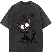 Animal Letter Cat Fine 1pc Vintage Washed T-Shirt in Black