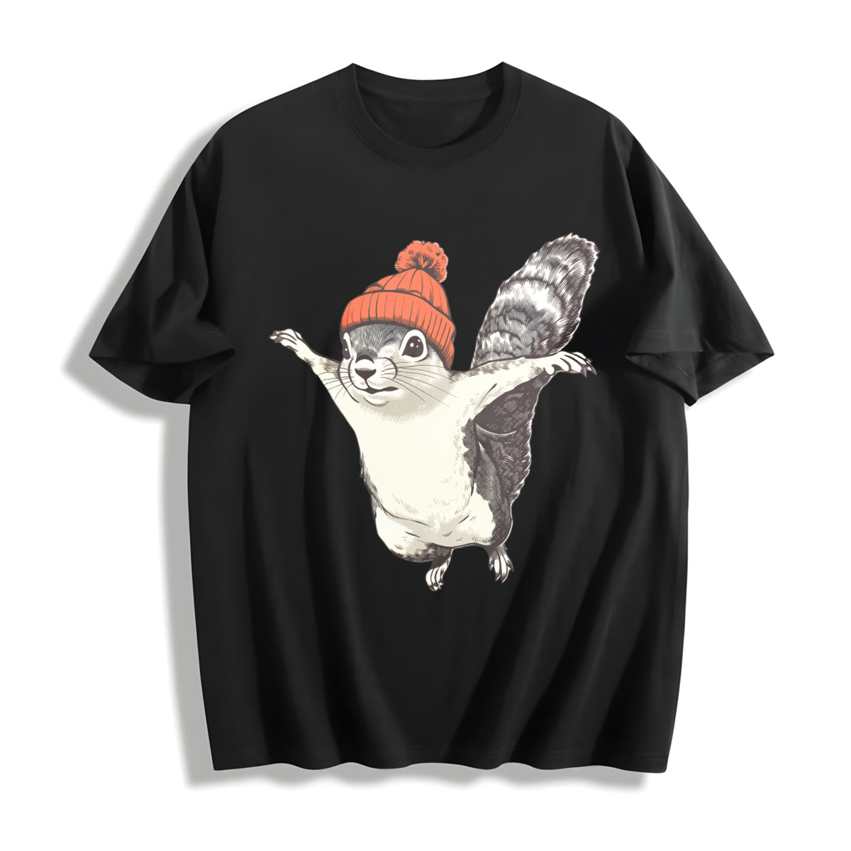 Winter Squirrel Short-sleeved with Orange Yarn Hat Cotton T-Shirt in Black