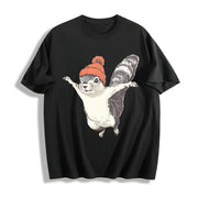 Winter Squirrel Short-sleeved with Orange Yarn Hat Cotton T-Shirt in Black