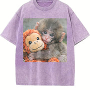 Cat with Monkey Plush Vintage Washed T-Shirt in Purple