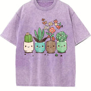 Cute Cartoon Potted Plant Vintage Washed T-Shirt in Purple