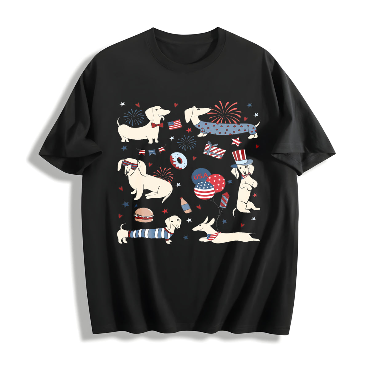 4th of July Dachshund Doodle Cotton T-Shirt in Black