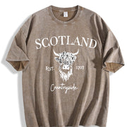 Scotland Buffalo Fashionable Versatile Vintage Washed T-Shirt in Brown