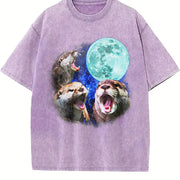 Three Otters Retro Otter Moon Vintage Washed T-Shirt in Purple