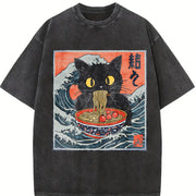 Retro Cat Eating Ramen 90s Vintage Washed T-Shirt in Black