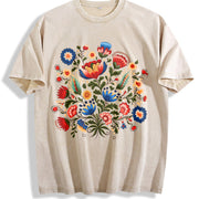 Folk Art Short-sleeve a Bohemian with Faux Embroidered Vintage Washed T-Shirt in Beige
