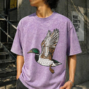 Embroidered Duck Animal Lover Vintage Washed T-Shirt in Purple