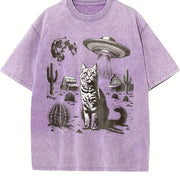 Ufo Western Cat Retro Cat Vintage Washed T-Shirt in Purple