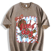 Baseball Game Day Coquette Bow Baseball Mama Vintage Washed T-Shirt in Brown