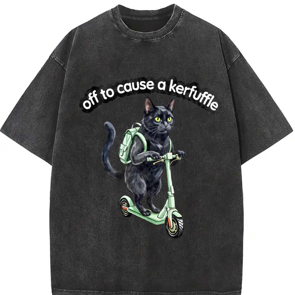 Black Cat Scooter Off to Cause a Kerfuffle Boxy Vintage Washed T-Shirt in Black