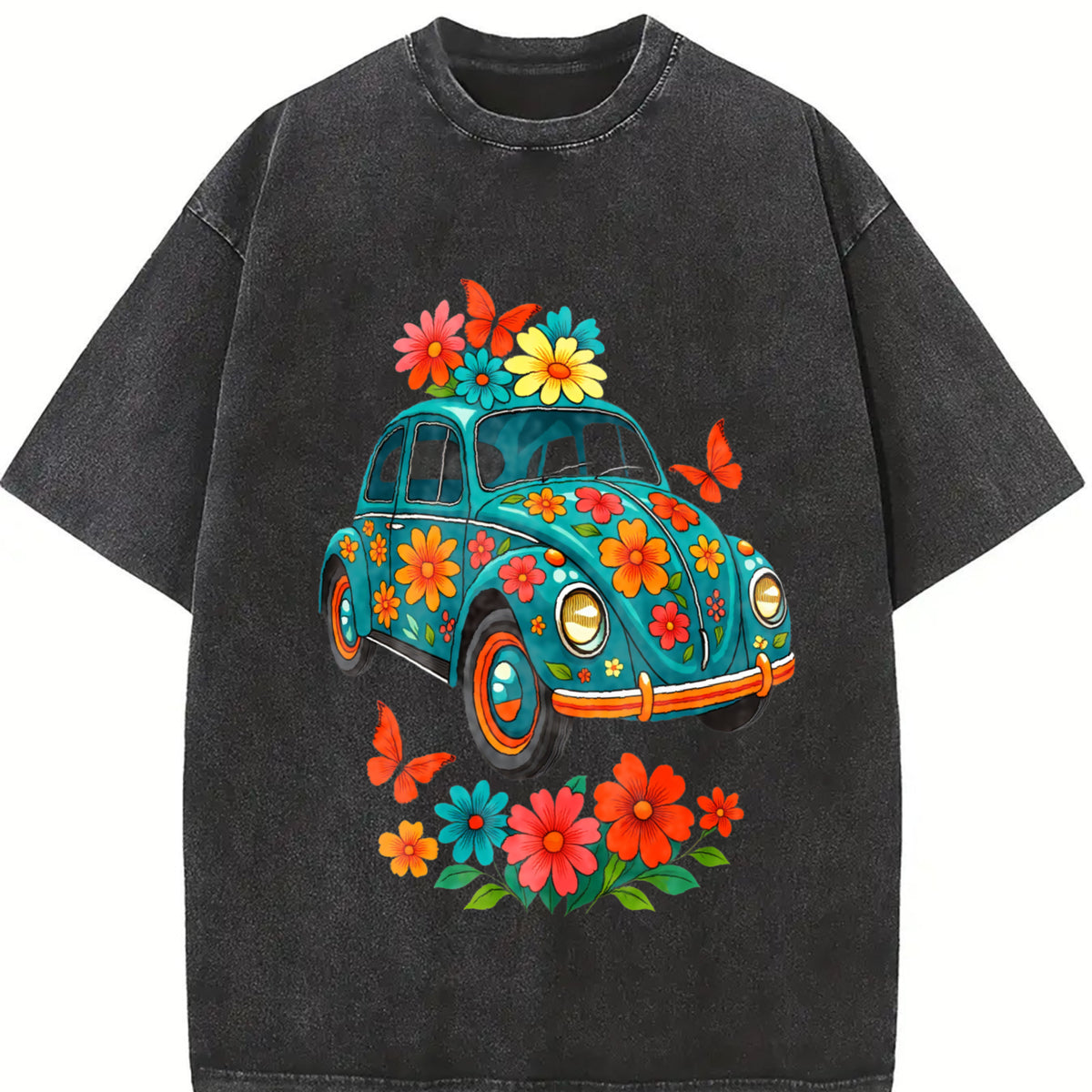 Turquoise Floral Breathable Blouse for Daily and Party vintage washed oversized T-shirt in Black