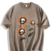 Skull Sunflowers Gothic Goth Creepy Cute Alt Grunge Y2K Vintage Washed T-Shirt in Brown