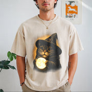 Witch Cat Moon: Retro Gothic Halloween Vintage Washed T-Shirt in Beige