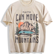 Scenery and Letter One-piece Vintage Washed T-Shirt in Beige