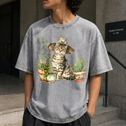 Cat and Plant Gardening Cat Vintage Washed T-Shirt in Gray