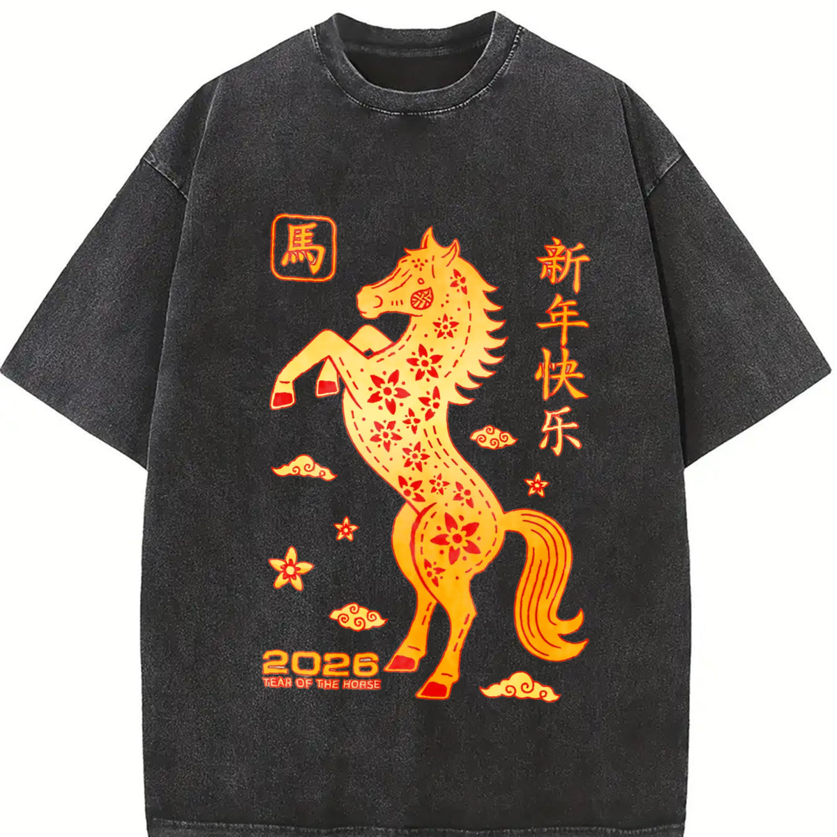 Winter Golden Paper Cut Horse with Red Floral Vintage Washed T-Shirt in Black