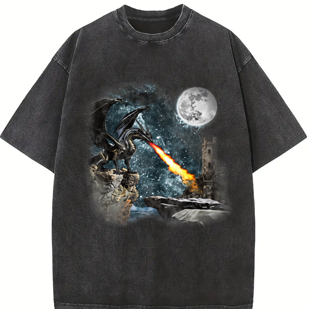 Dragon Castle Dark Art Vintage Washed T-Shirt in Black