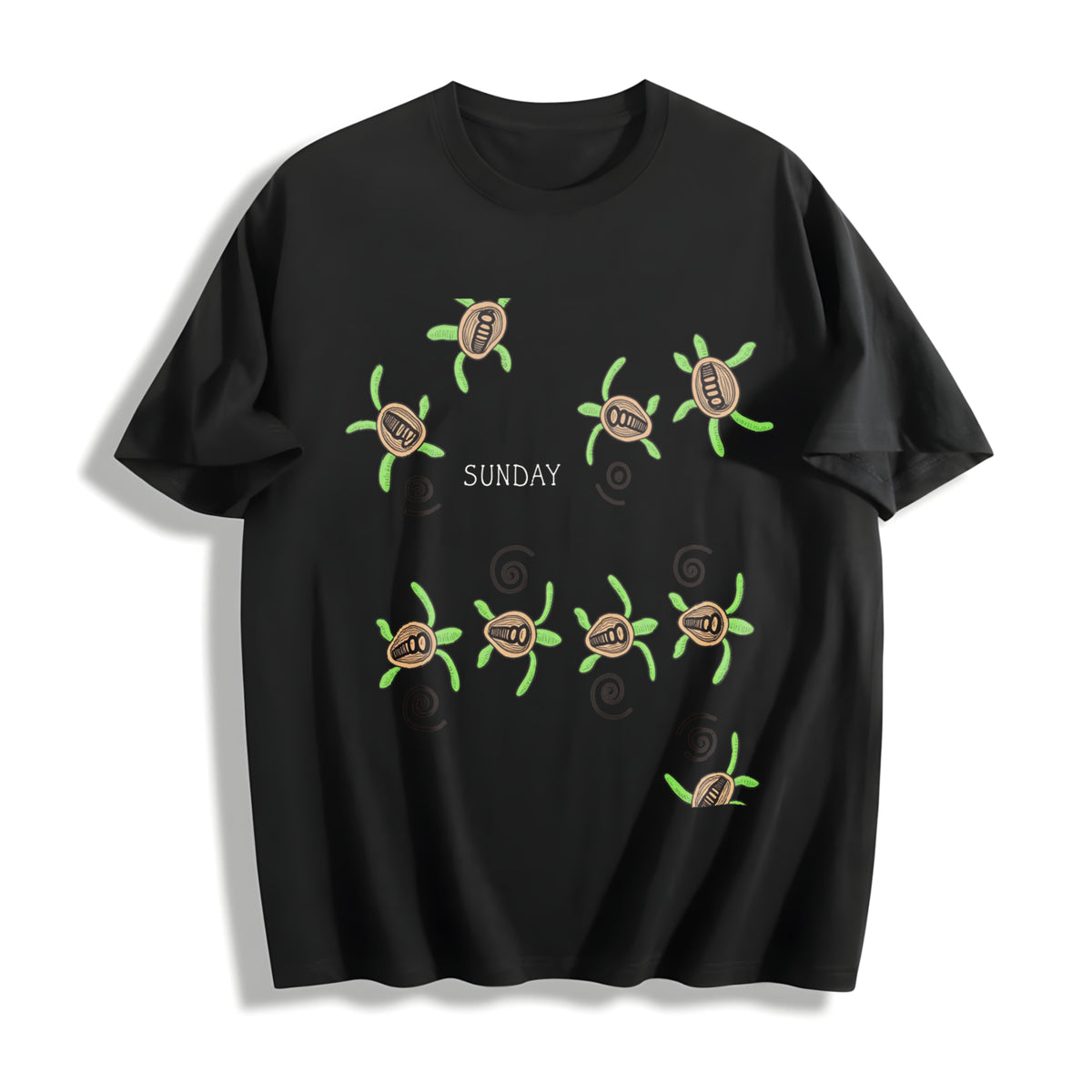 Sea Turtle Embroidered Cotton T-Shirt in Black