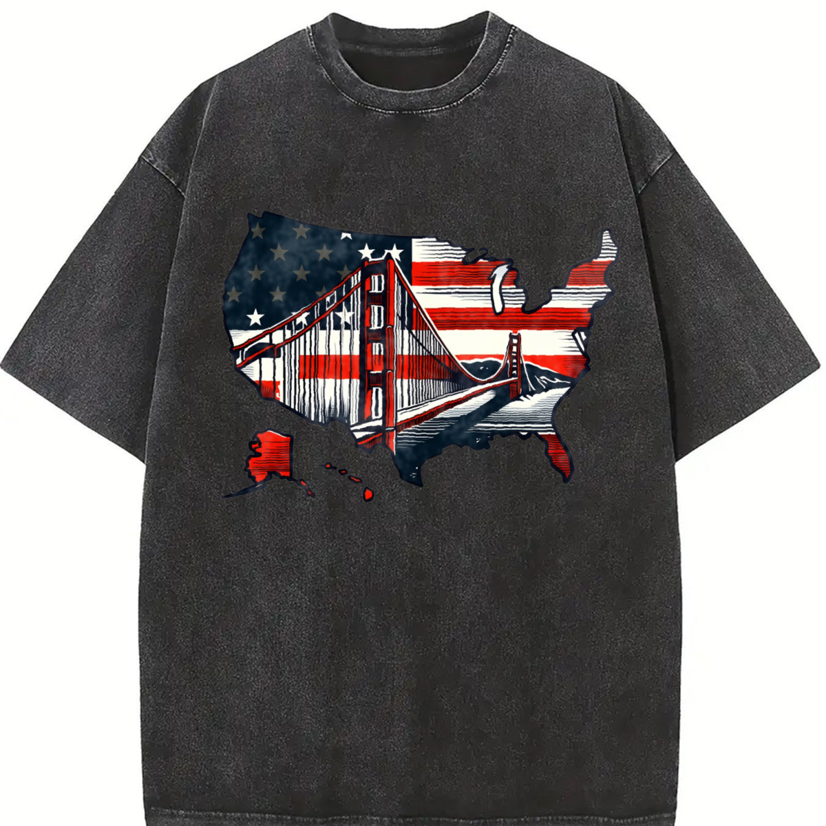 USA Map Flag Bridge Vintage Washed T-Shirt in Black
