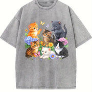 Retro Kitten 90s Cute Cats Boho Floral Cat Butterfly vintage washed oversized T-shirt in Gray