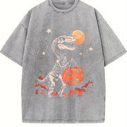 Skeleton Dinosaur Halloween vintage washed oversized T-shirt in Gray