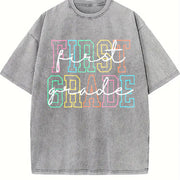 First Grade Teacher Vintage Washed T-Shirt in Gray