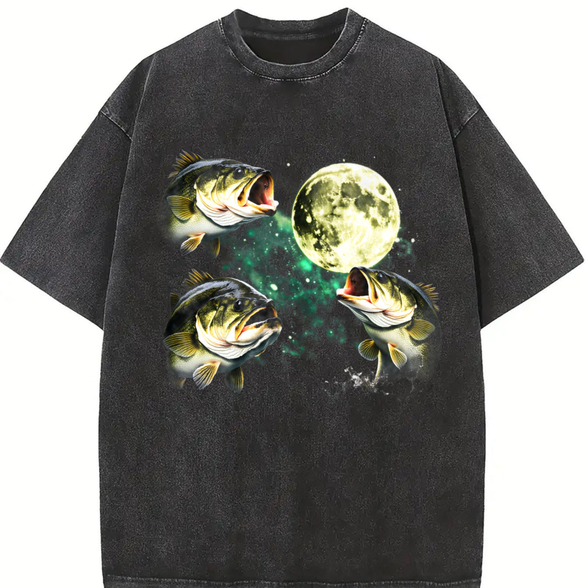 Bass Fishing Moon Retro Largemouth Fish Vintage Washed T-Shirt in Black