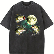 Bass Fishing Moon Retro Largemouth Fish Vintage Washed T-Shirt in Black