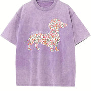 Floral Dachshund Wiener Dog Vintage Washed T-Shirt in Purple