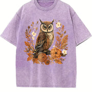 Autumn Leaf Flower Owl One-piece Vintage Washed T-Shirt in Purple