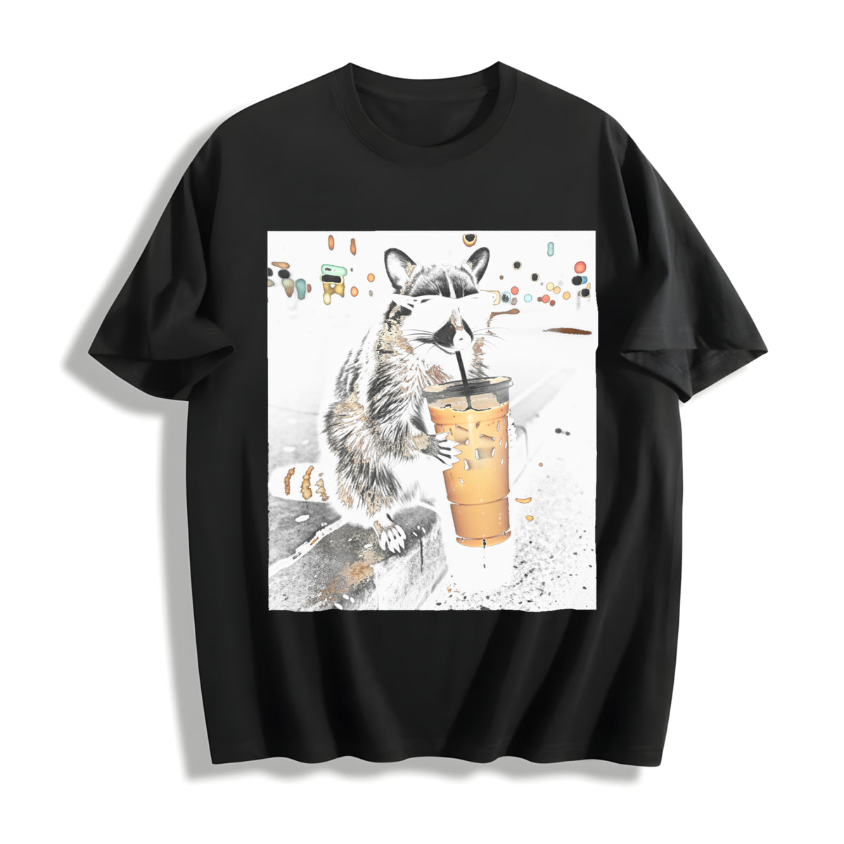 Raccoon Drinking Iced Coffee Cotton T-Shirt in Black