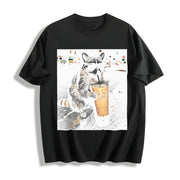 Raccoon Drinking Iced Coffee Cotton T-Shirt in Black