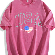 Embroidered USA Flag Vintage Washed T-Shirt in Red
