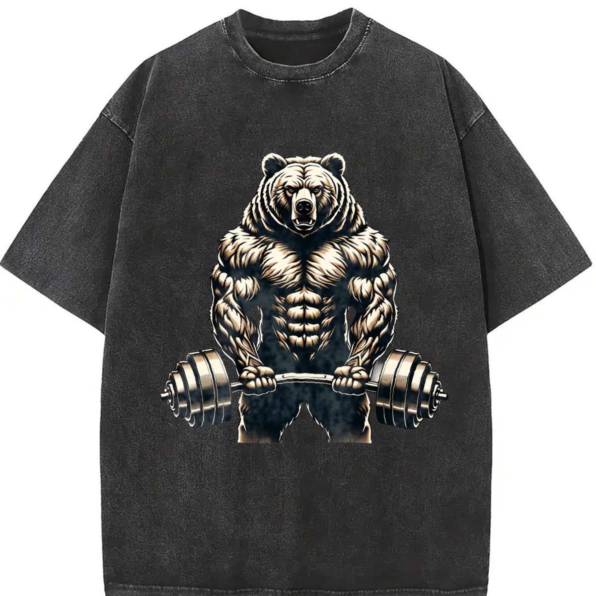 Bear Powerlifting Weightlifting Gym Workout Vintage Washed T-Shirt in Black
