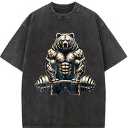 Bear Powerlifting Weightlifting Gym Workout Vintage Washed T-Shirt in Black