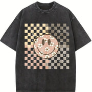 Smiling Flower Checkered Retro Vintage Washed T-Shirt in Black