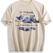 Y2k Relaxing Cat Lover Vintage Washed T-Shirt in Beige