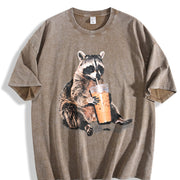 Raccoon Drinking Iced Coffee 90s Vintage Washed T-Shirt in Brown